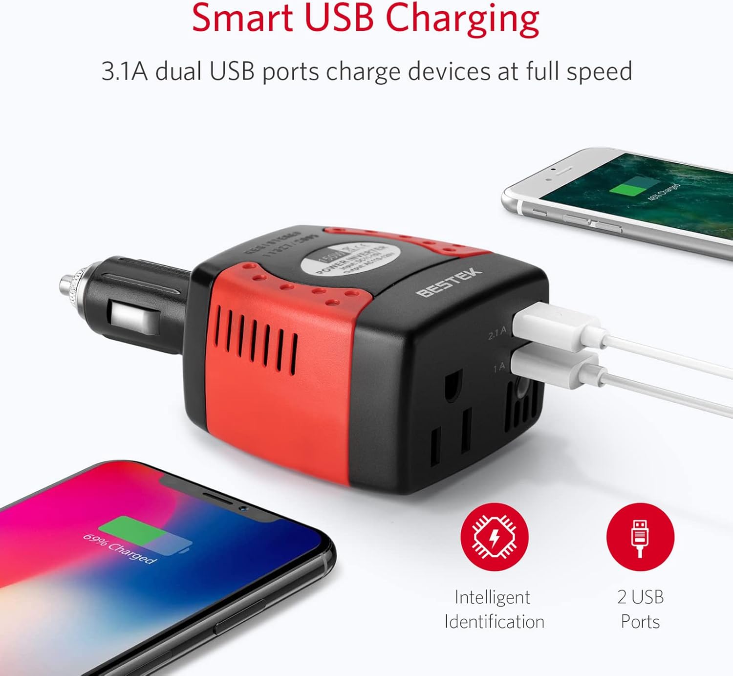 150W Power Inverter 12V to 110V with Dual USB Charging Ports Pack of 2 F9944