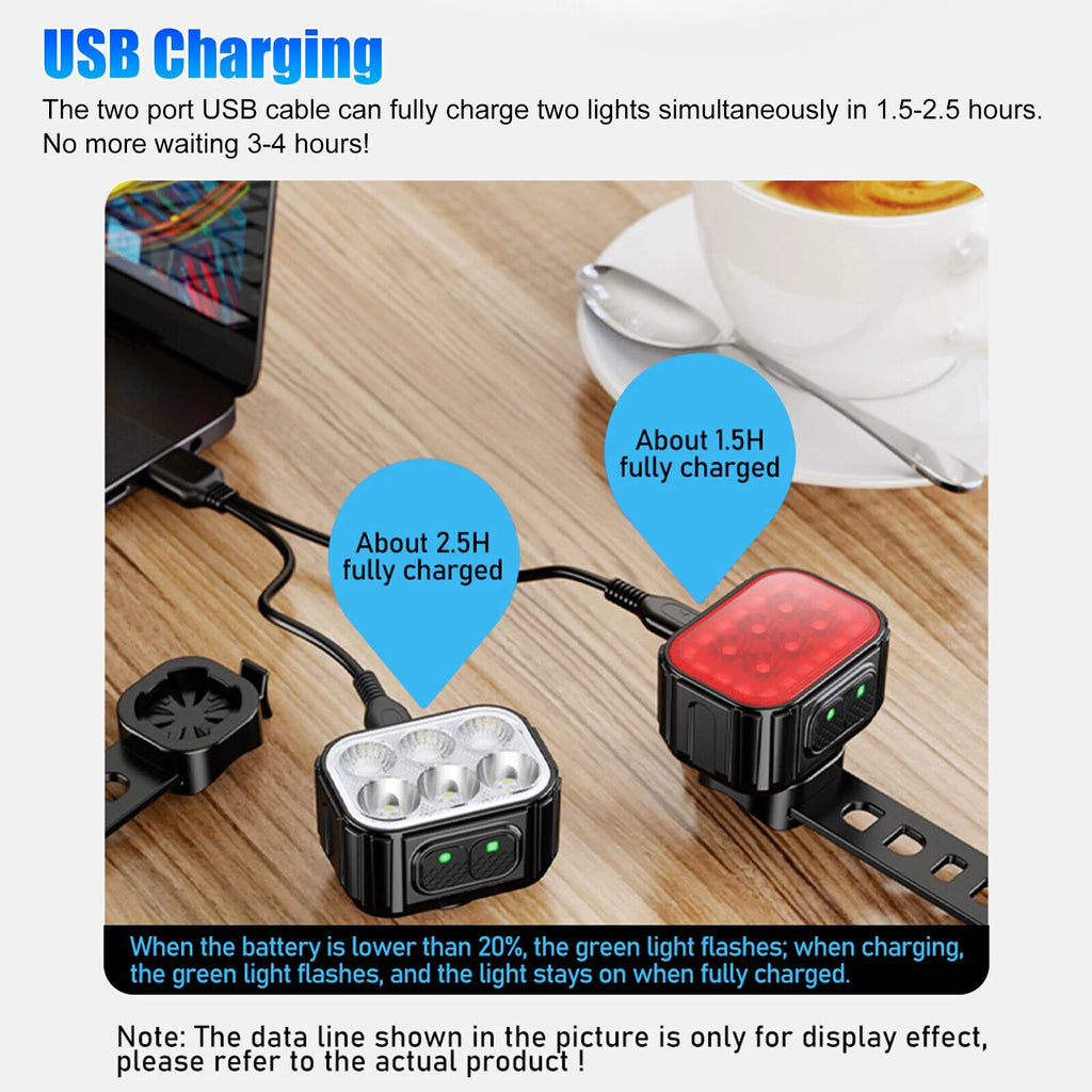 2x USB Rechargeable LED Bicycle Headlight Taillight E222