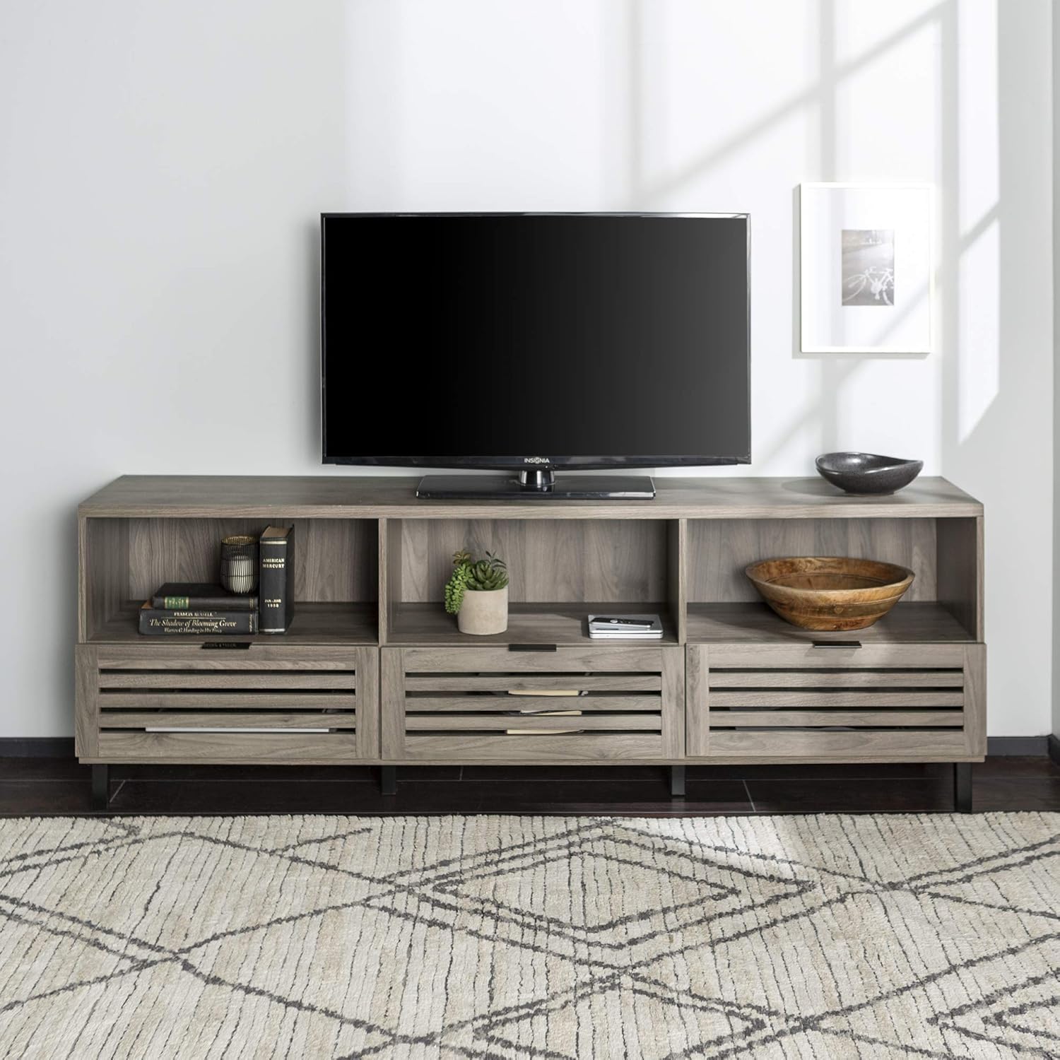 70 Inch Dark Walnut Slatted Wood TV Stand U4328