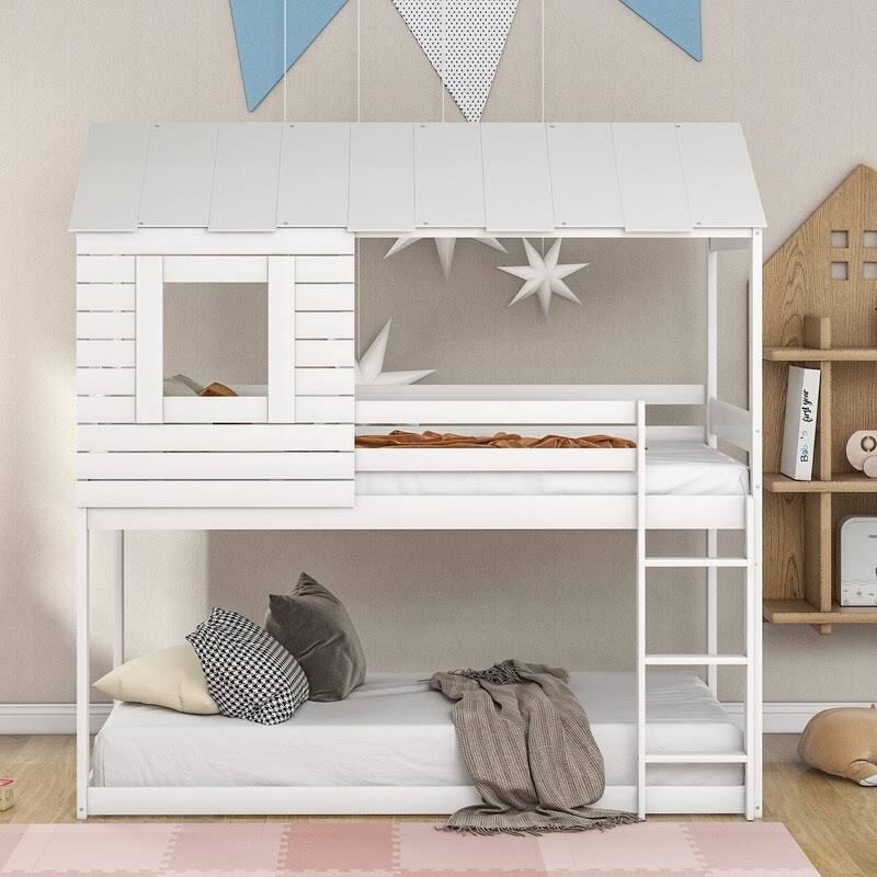 Antique White Twin Over Twin Solid Wood Loft Bed with Ladder D491