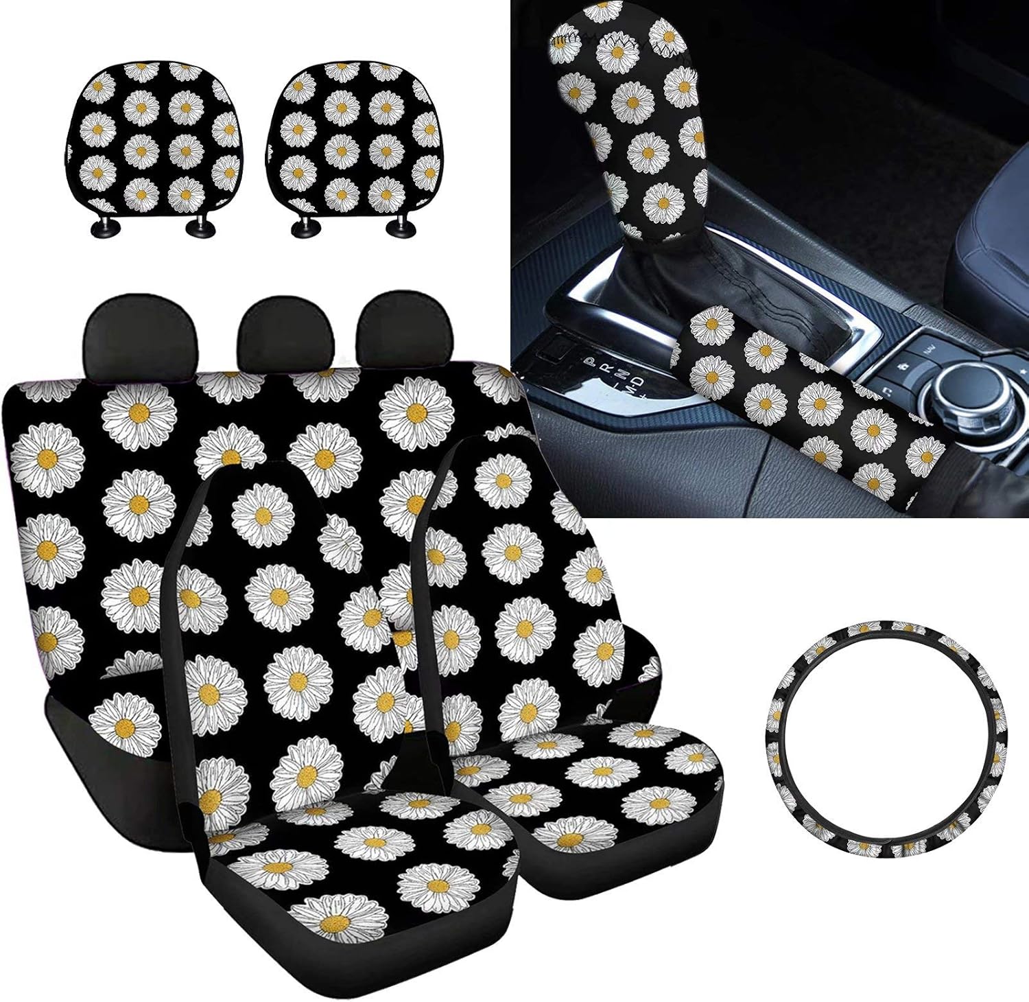 9 Pcs Car Seat Covers Set with Gear Shift Knob Handbrake Cover Headrest Covers Steering Wheel Cover J475