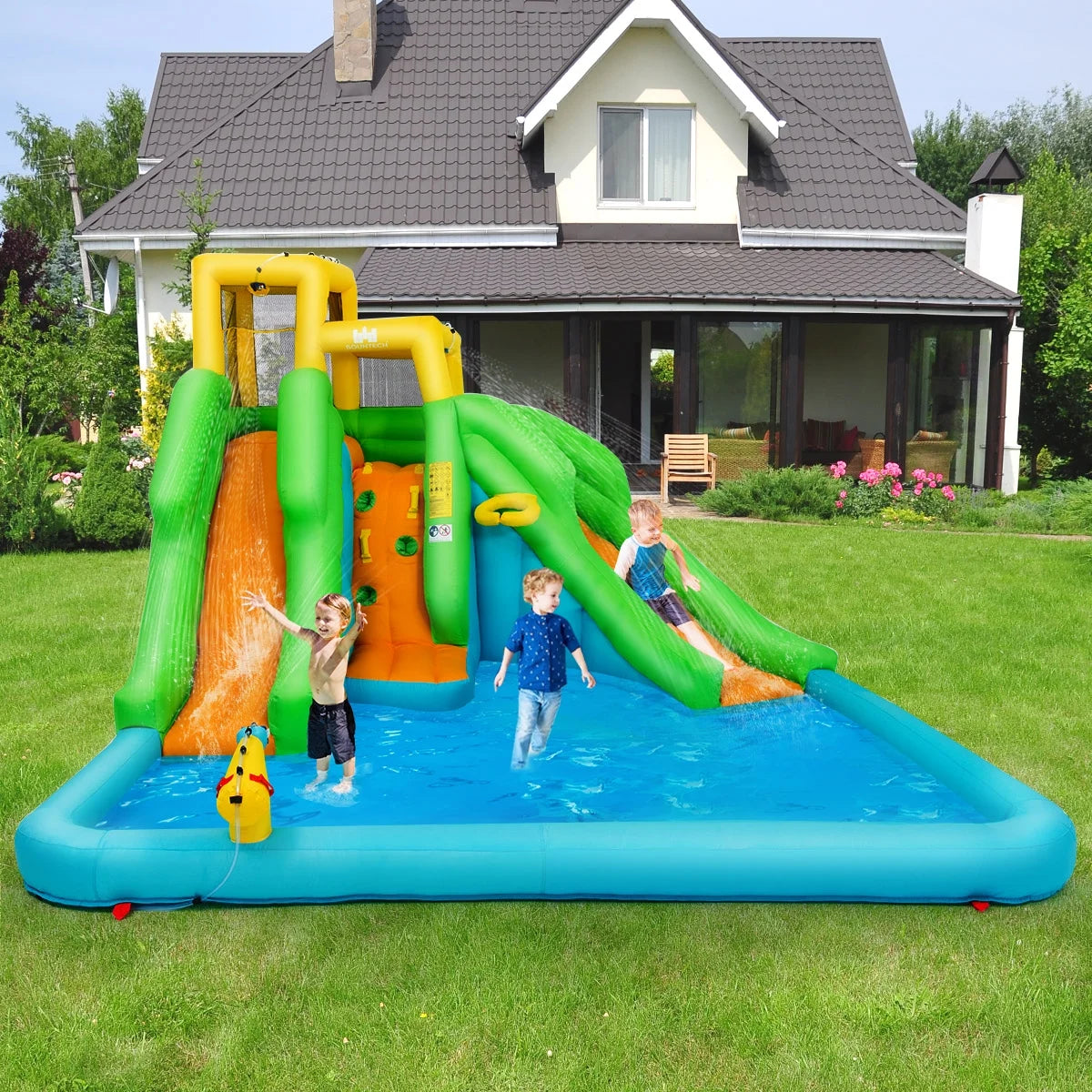 Inflatable Water Park Bounce House Two-Slide Bouncer with Climbing Wall and 480W Blower V6918