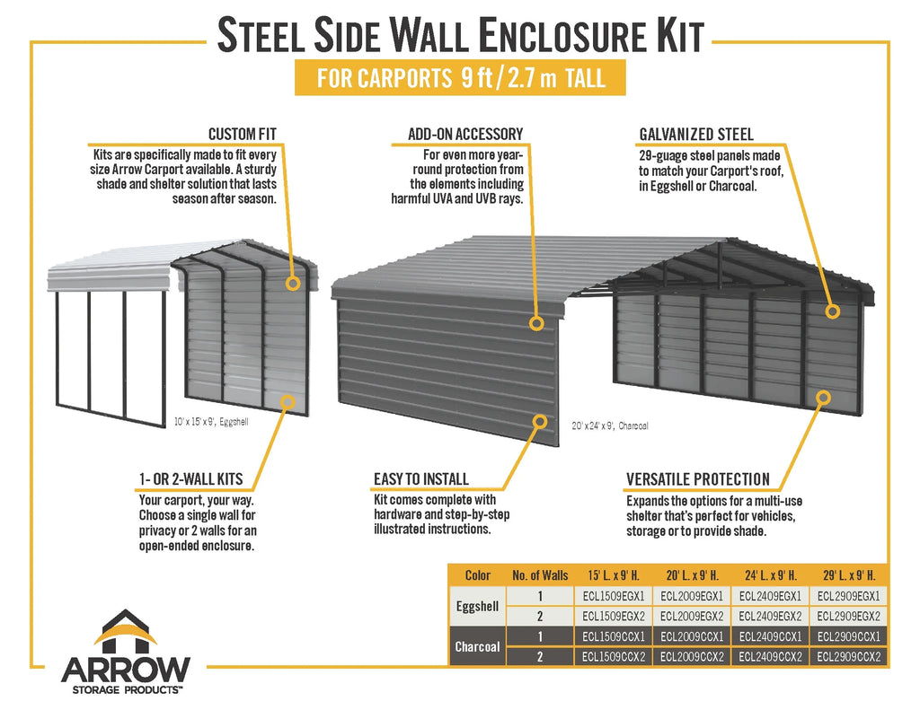 Galvanized Steel Carport Kit with 1-Sided Enclosure V882