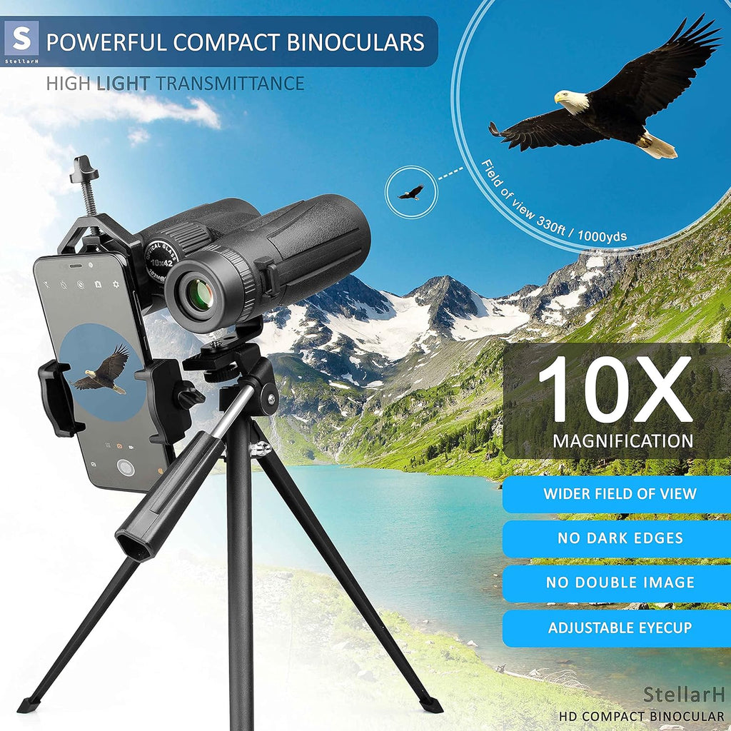 10x42 Waterproof Binoculars with Tripod, Smartphone Adapter, Carrying Bag G1527