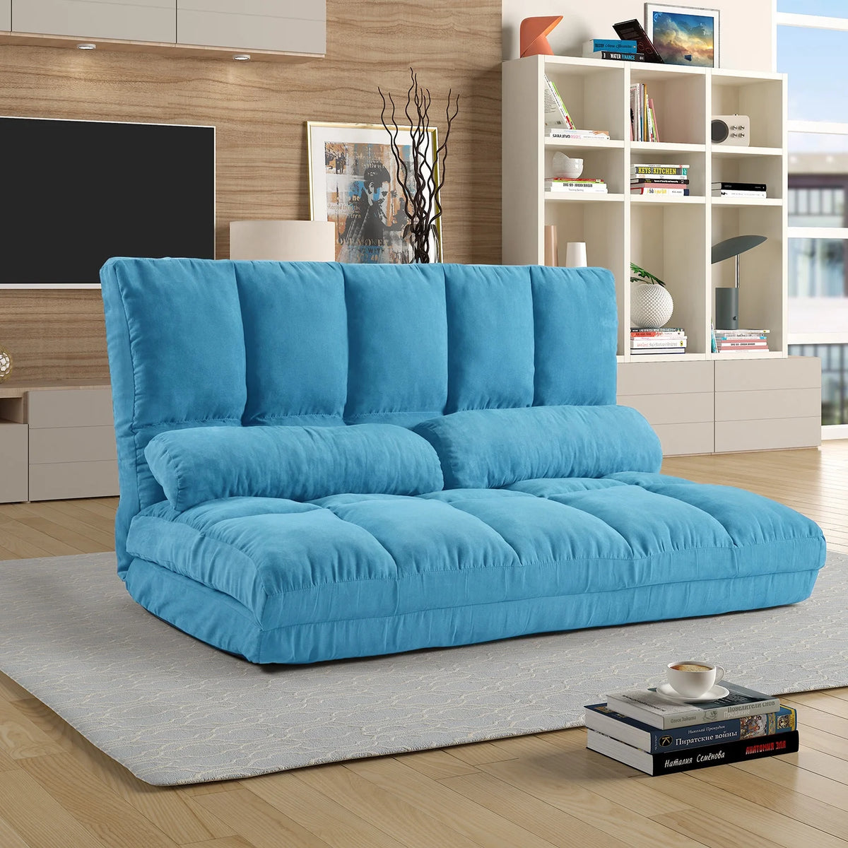 Blue Double Chaise Lounge Sofa with Two Pillows J101