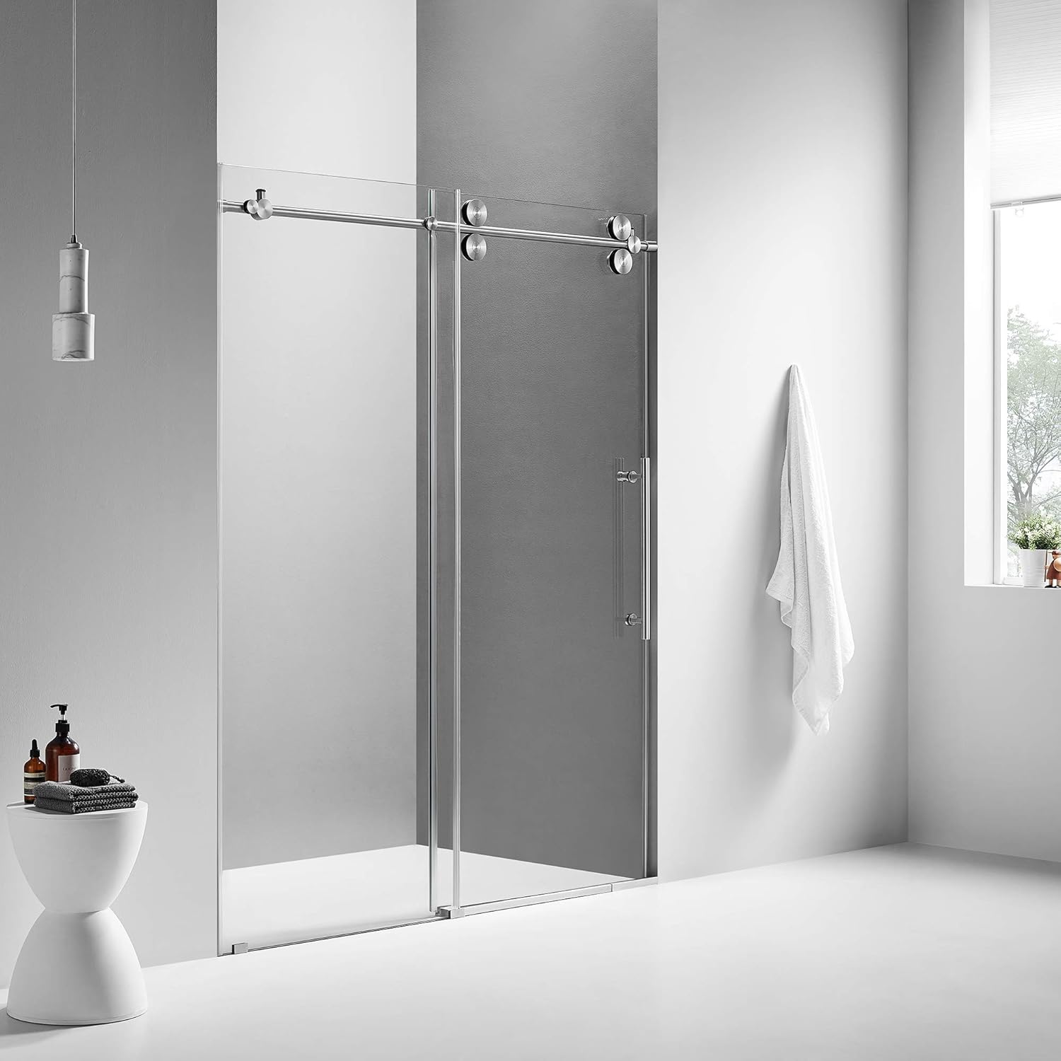Frameless Sliding Shower Door, 3/8" Tempered Glass, Brushed Nickel Hardware, 56"-60"W x 74"H O144