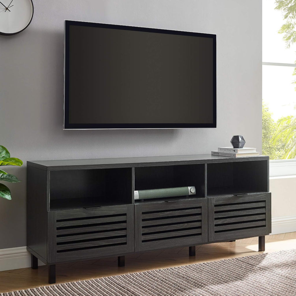 70 Inch Dark Walnut Slatted Wood TV Stand U4328