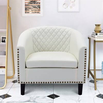 White Faux Leather Barrel Chair with Solid Wood Legs Q370