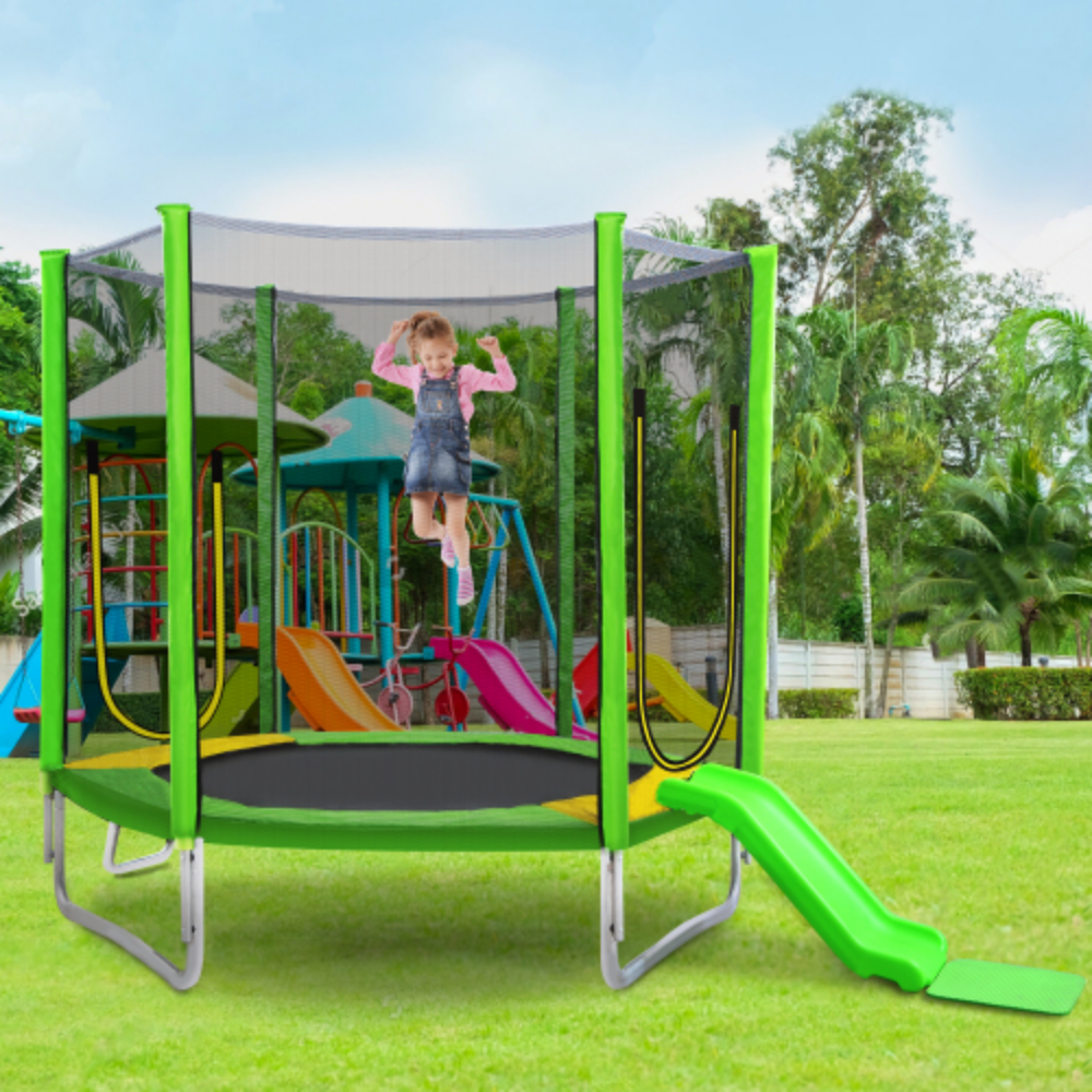 7FT Round Trampoline with Safety Enclosure Net, Slide and Ladder R6163