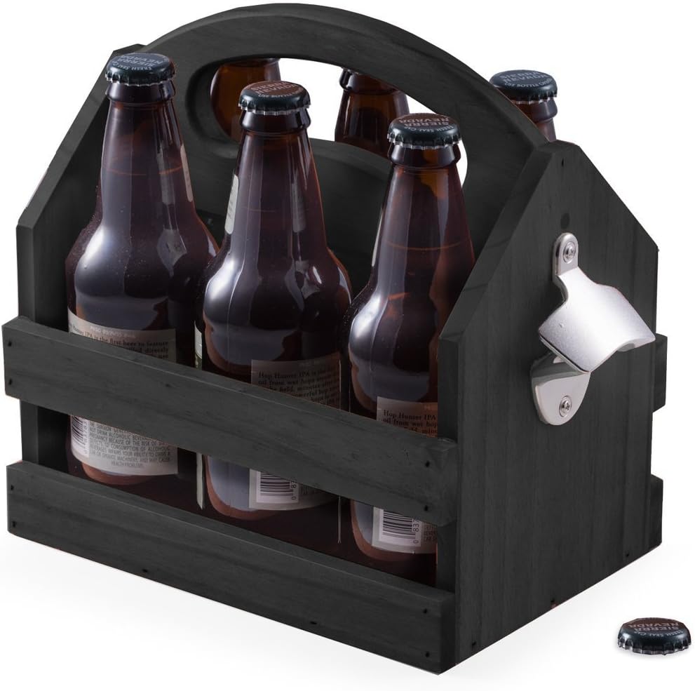 Black Solid Wood 6 Pack Beer Bottle Holder Caddy Carrier And Bottle Opener Pack of 2 G194