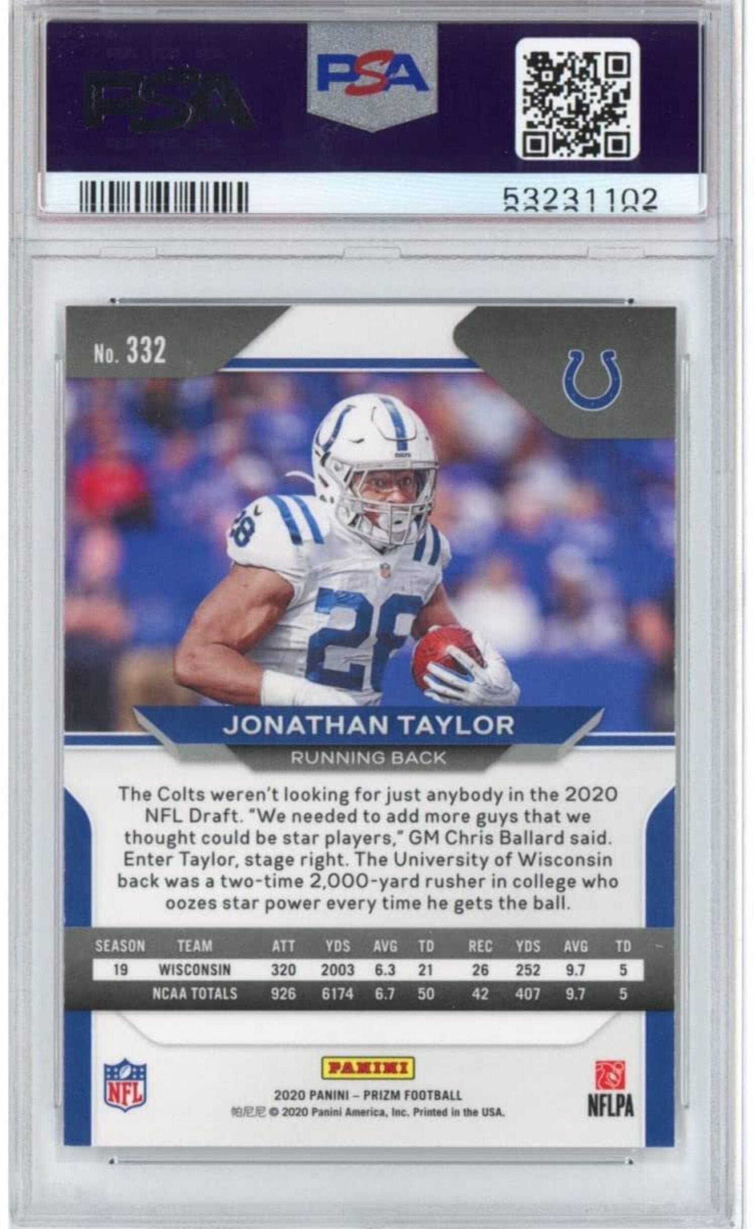 2020 Panini Prizm Jonathan Taylor Rookie RC Football Card PSA 10 D174