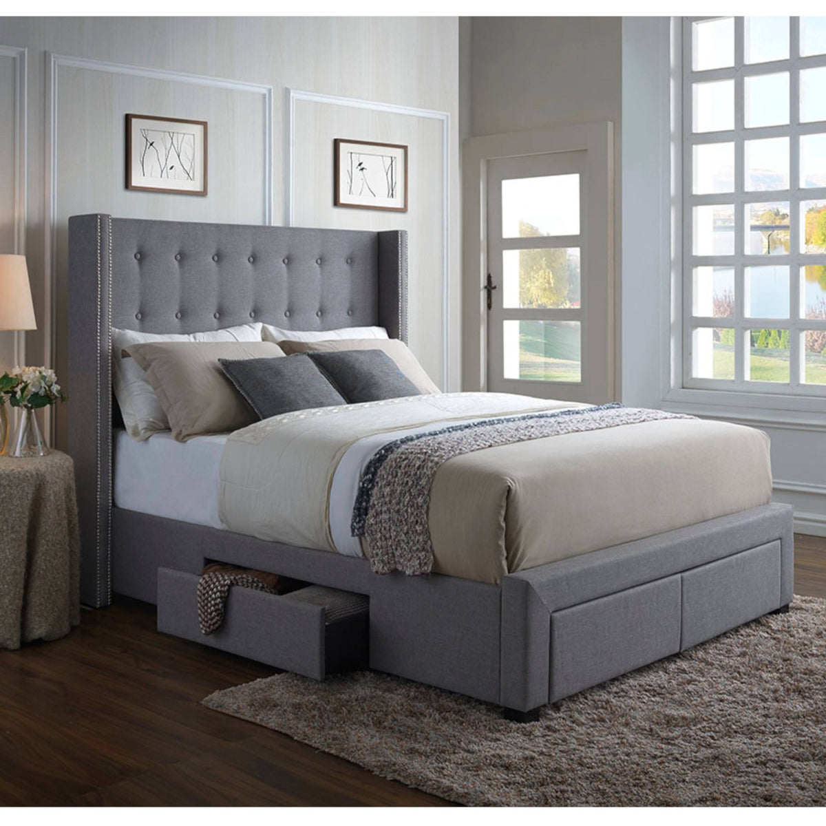 Grey Linen Wingback Storage Bed W186