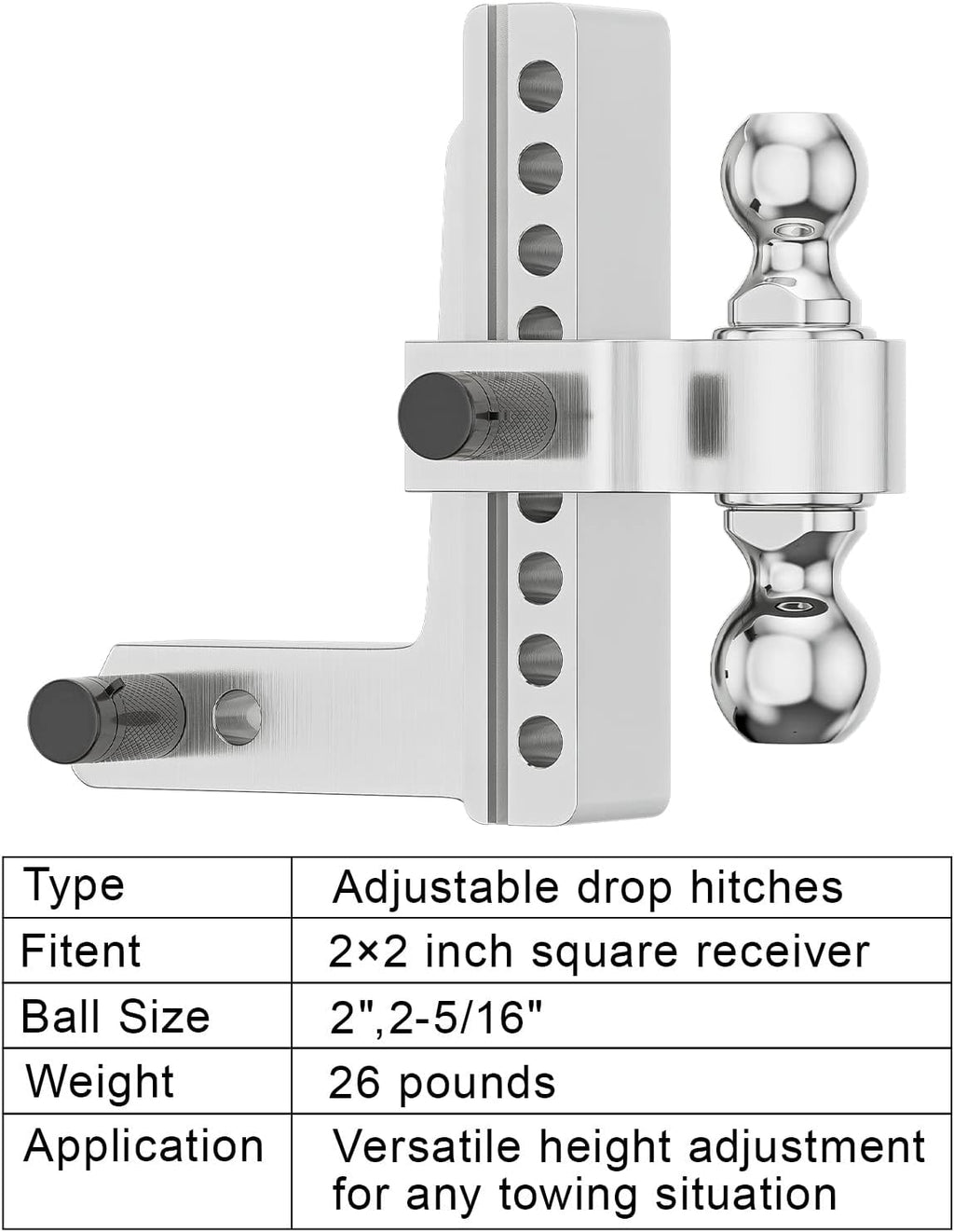 Adjustable Trailer Hitch Ball Mount, 2.5-Inch Receiver, 8-Inch Drop, 8-Inch Rise, Dual Towing Balls with Double Pin Key Locks G56205