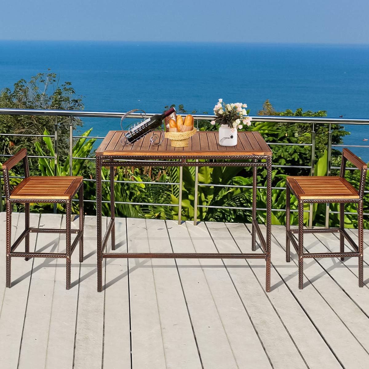3 PCS Rattan Bar Table Set with Acacia Wood Top and 2 Bar Chairs E7961