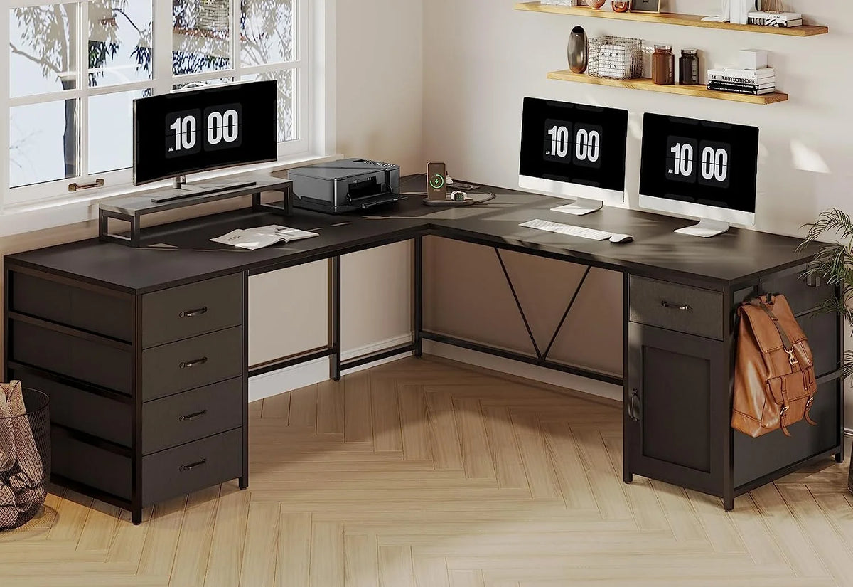 Black L Shaped Computer Desk with Power Outlet, 5 Drawers C249