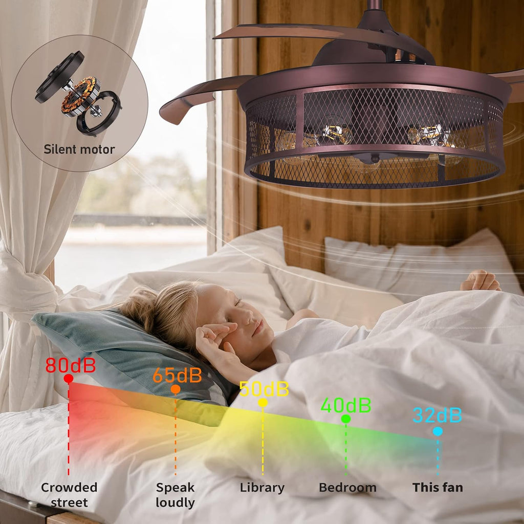 42 Industrial Ceiling Fan with Lights Remote Control Caged Low Profile L729440