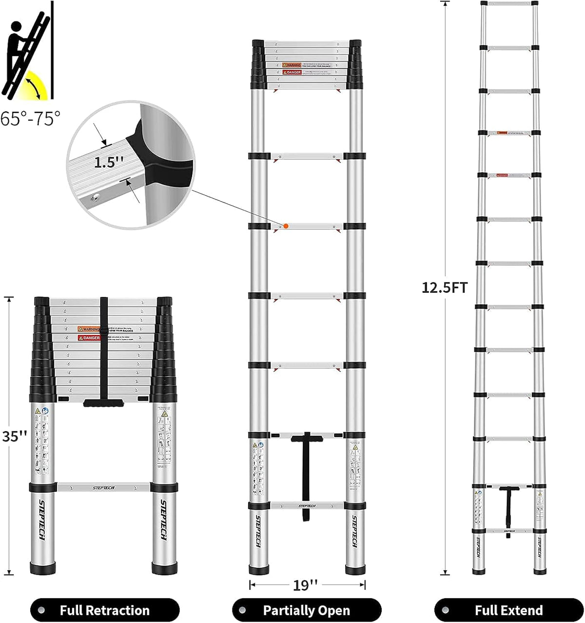 Telescoping Ladder 8.5 ft Aluminum Anti-Pinch Collapsible Ladder J2052