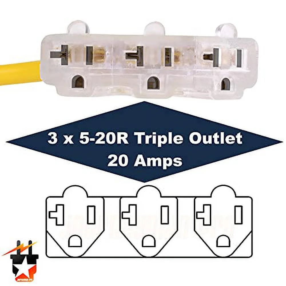 30 Amp to 110 Adapter L5-30P or TT-30P to 3-Way Outlet Splitter, 125 Volt, 30A to 15A-20A, 10AWG 3-Prong Locking Triple Tap 5-20R E5701
