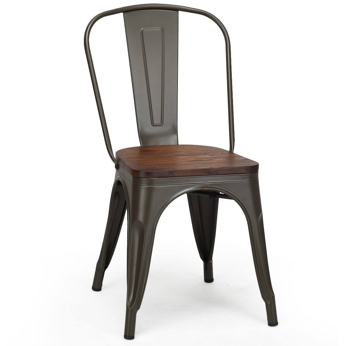 Set of 4 Stackable Bistro Dining Chair Metal Frame Wood Seat Gun X6765