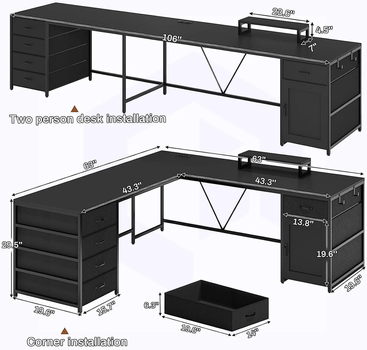 Black L Shaped Computer Desk with Power Outlet, 5 Drawers C249