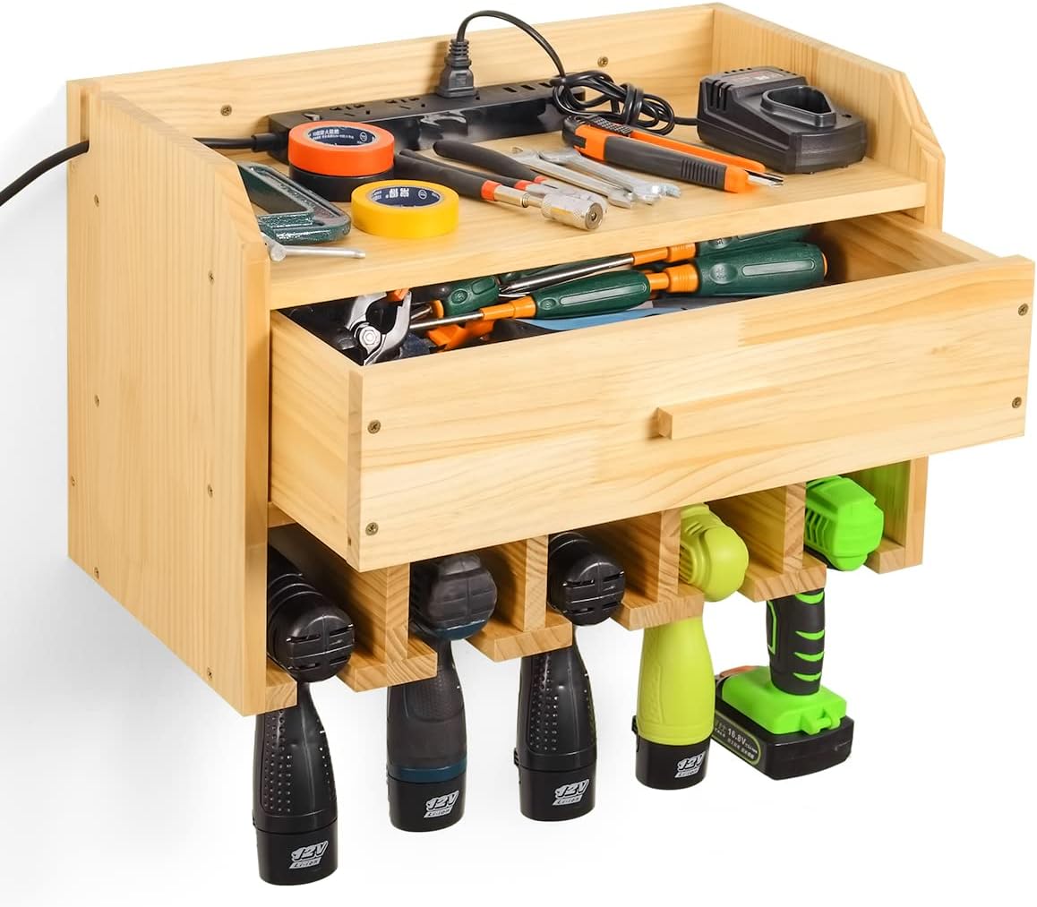 Wooden Cordless Drill Holder Rack Wall Mount with Drawer Pack of 2 H907