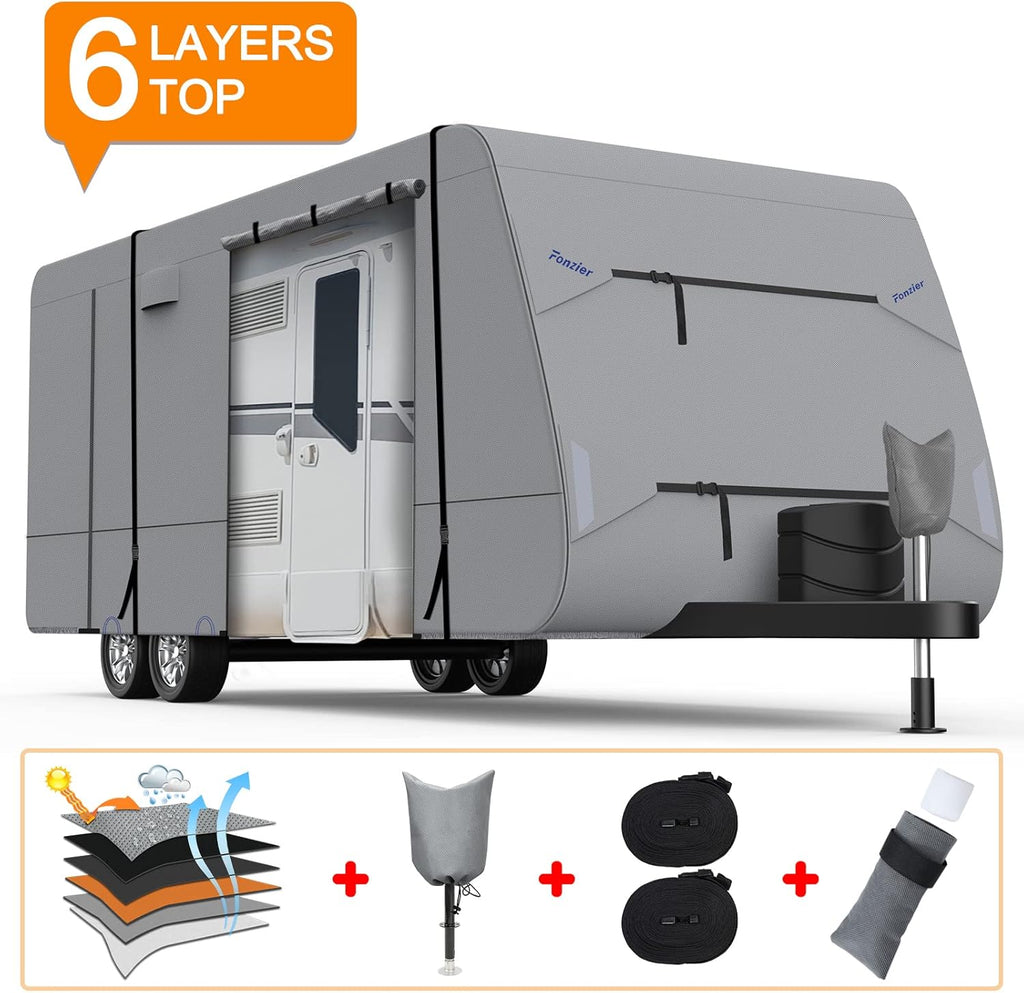 Heavy Duty 6 Layers Travel Trailer RV Cover Anti-UV Breathable Rip-Stop with 2Pcs Extra Straps & Gutter Spout Covers E74438