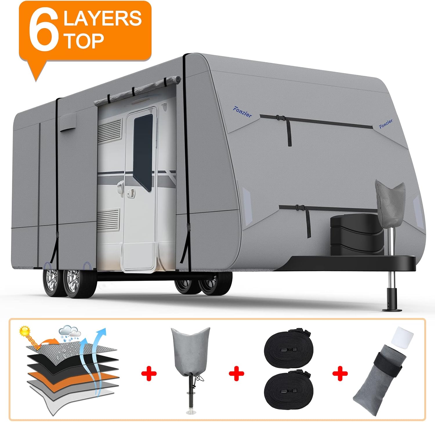 Heavy Duty 6 Layers Travel Trailer RV Cover Anti-UV Breathable Rip-Stop with 2Pcs Extra Straps & Gutter Spout Covers E74438