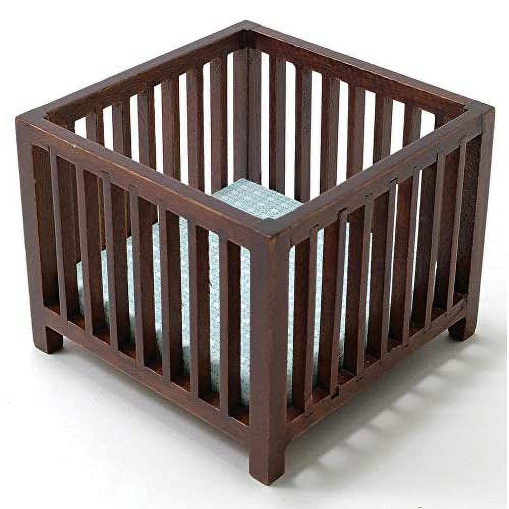 Walnut Slatted Play Pen with Blue Fabric C995734