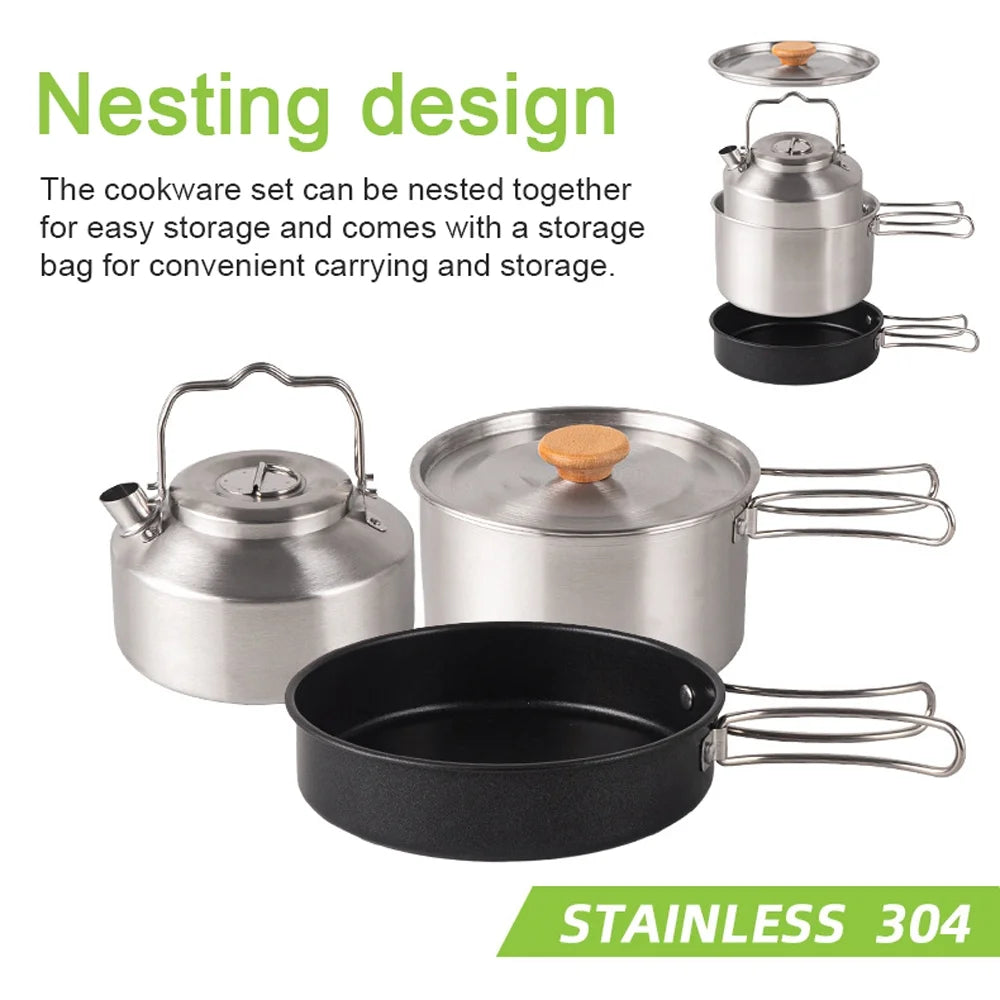 Stainless Steel Camping Cookware Set with Pot Frying Pan Kettle R105