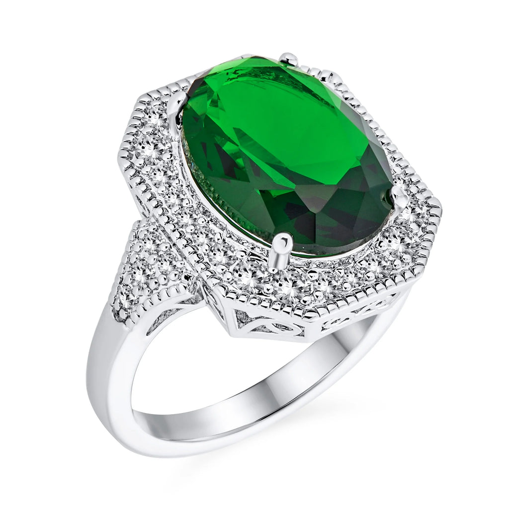 Vintage Oval CZ Emerald Cut Green Statement Cocktail Ring M61492