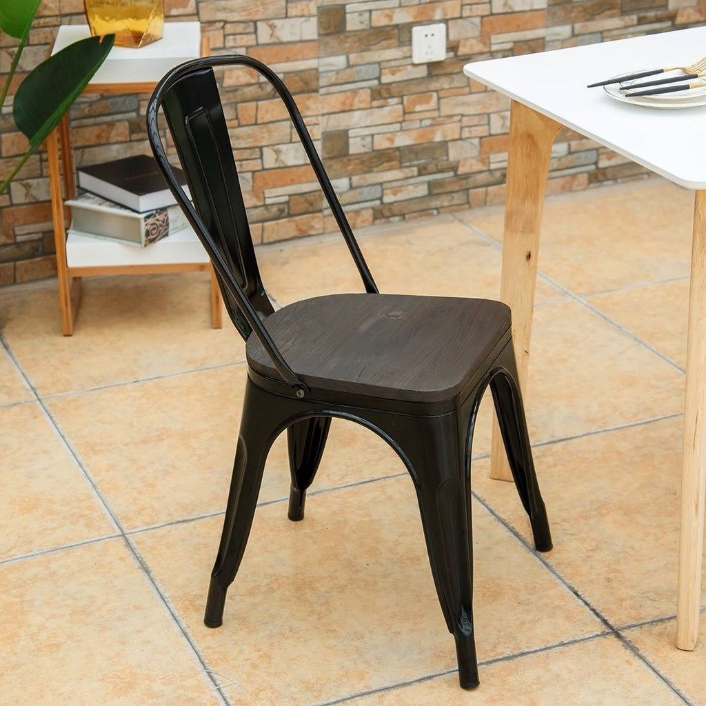 Set of 4 Stackable Bistro Dining Chair Metal Frame Wood Seat Gun X6765