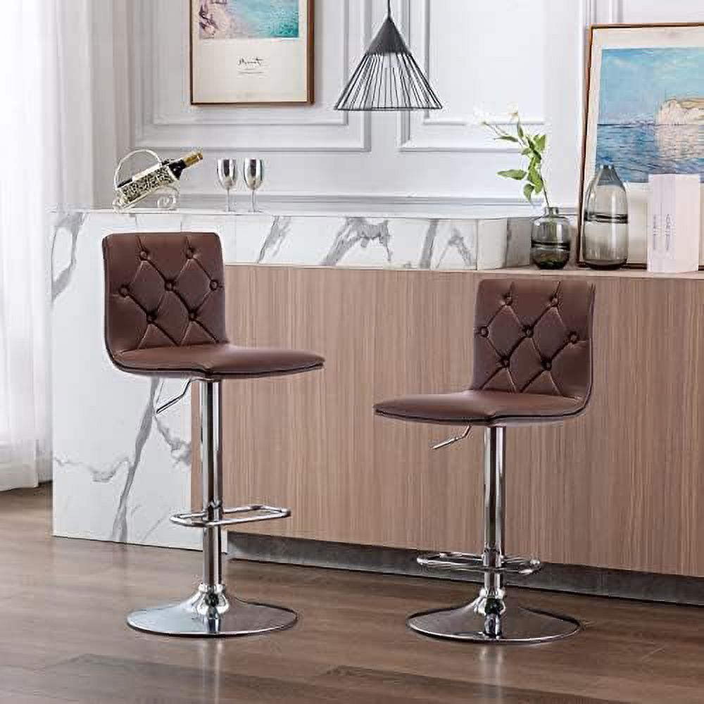 Tufted Adjustable PU Leather Swivel Barstools Set of 2 (Brown) K110