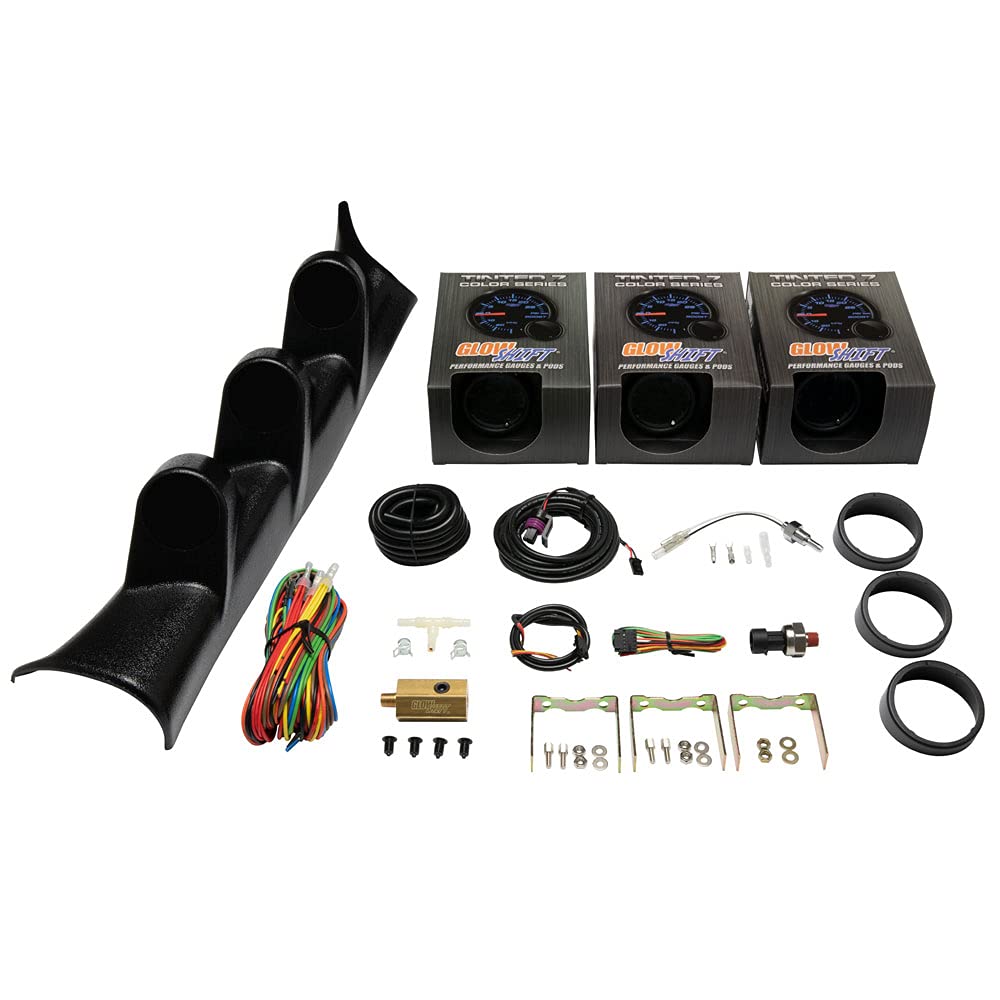 Tinted 7 Color 30 PSI Boost/Vacuum, 100 PSI Oil Pressure & Oil Temperature Gauges, Black Triple Pillar Pod H908769