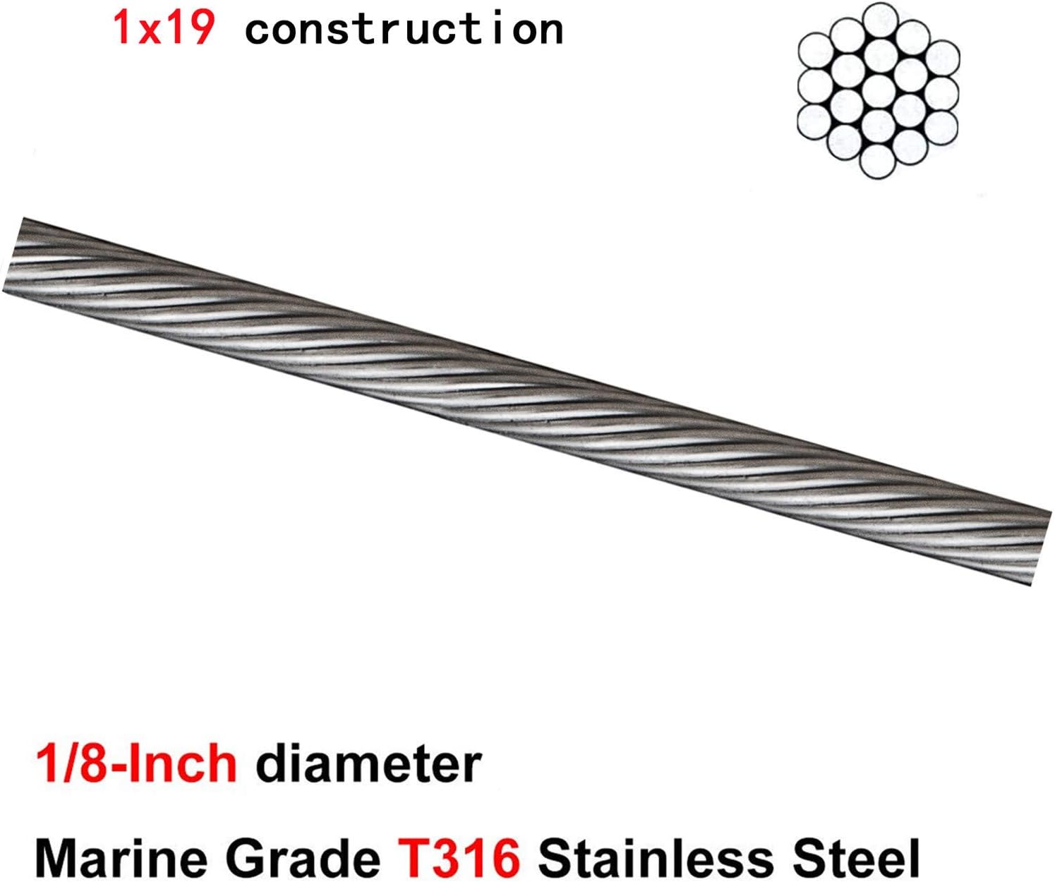 1/8" 1x19 Stainless Steel Wire Rope 1000ft Cable Railing F275407