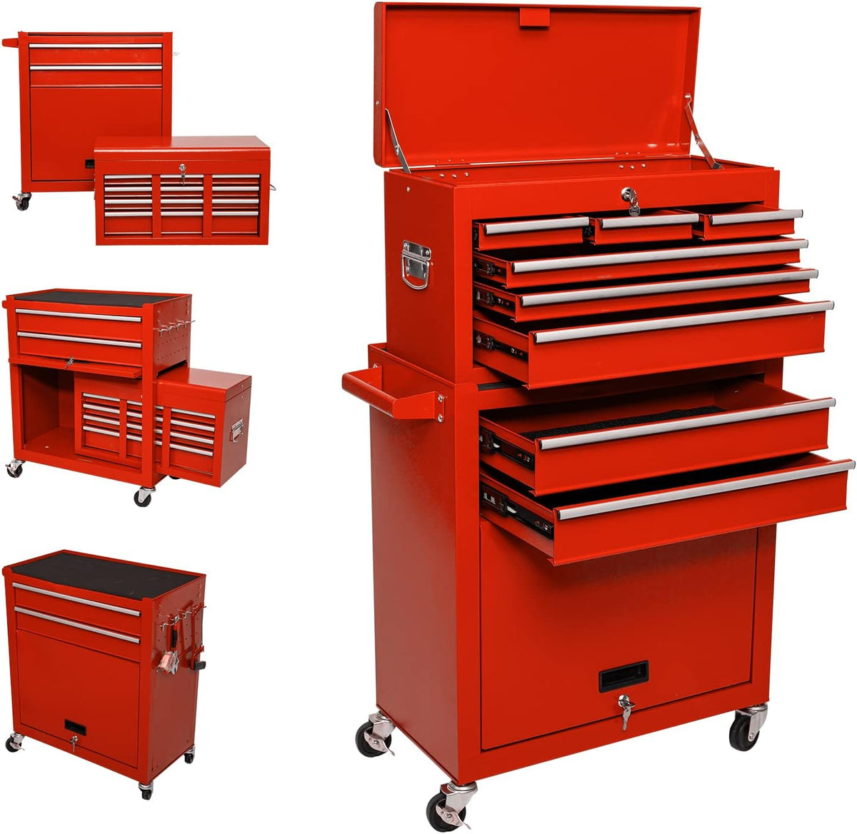 8-Drawer Rolling Tool Chest with 4 Wheels, Lockable Tool Storage Cabinet (RED) R2822
