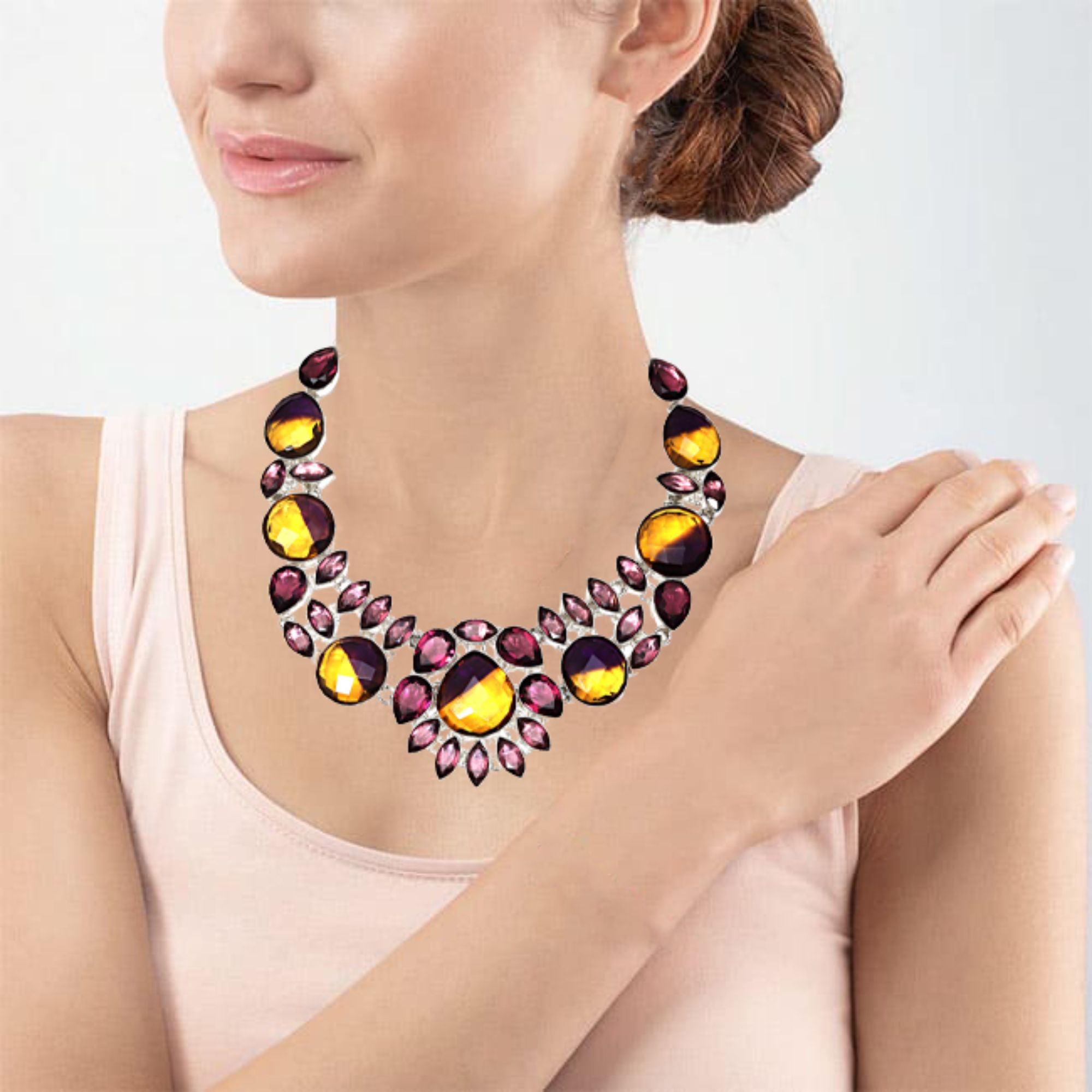 Ametrine Rubylite Faceted Gemstone Silver Necklace 18-20'' Z38248