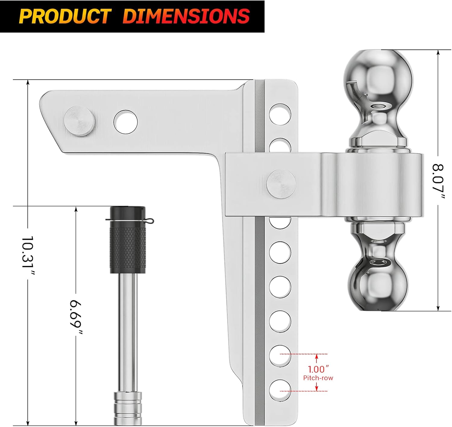 Adjustable Trailer Hitch Ball Mount, 2.5-Inch Receiver, 8-Inch Drop, 8-Inch Rise, Dual Towing Balls with Double Pin Key Locks G56205