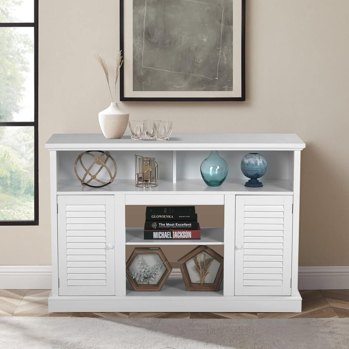 White Fireplace TV Stand with Insert Fireplace and Adjustable Shelves M8830