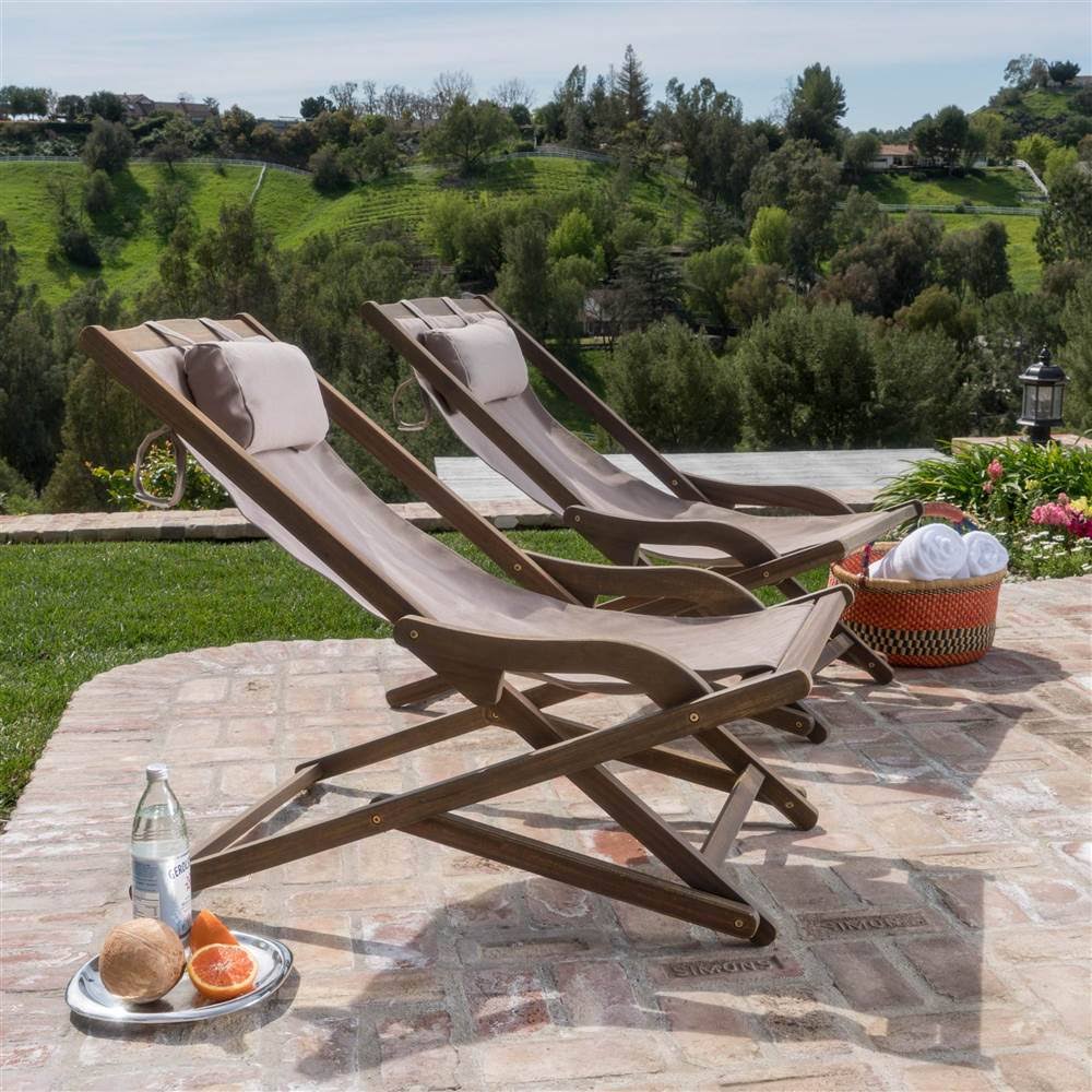 Brown Wood and Canvas Sling Chair Set of 2 Z109