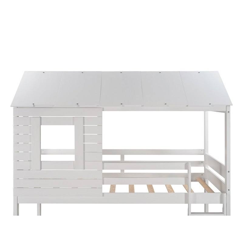 Antique White Twin Over Twin Solid Wood Loft Bed with Ladder D491