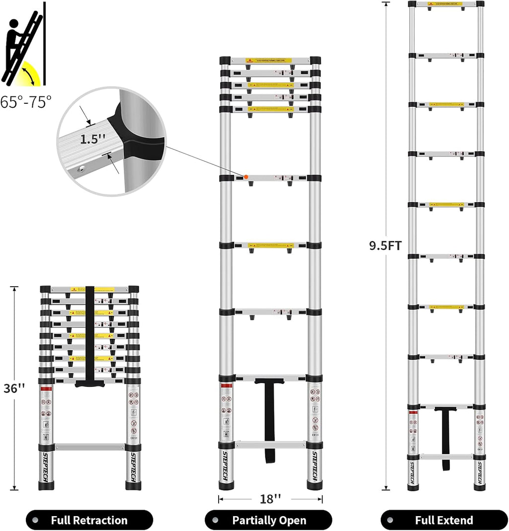 Telescoping Ladder 8.5 ft Aluminum Anti-Pinch Collapsible Ladder J2052