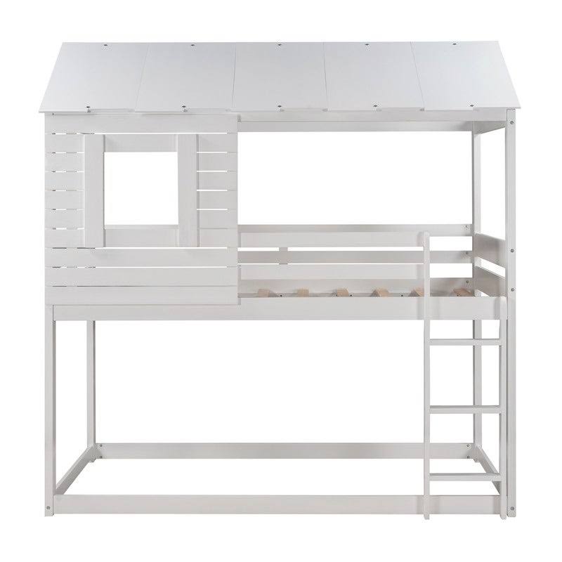 Antique White Twin Over Twin Solid Wood Loft Bed with Ladder D491
