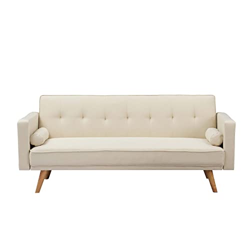 71" Convertible Futon Sofa Bed with 2 Throw Pillows, Beige G600278