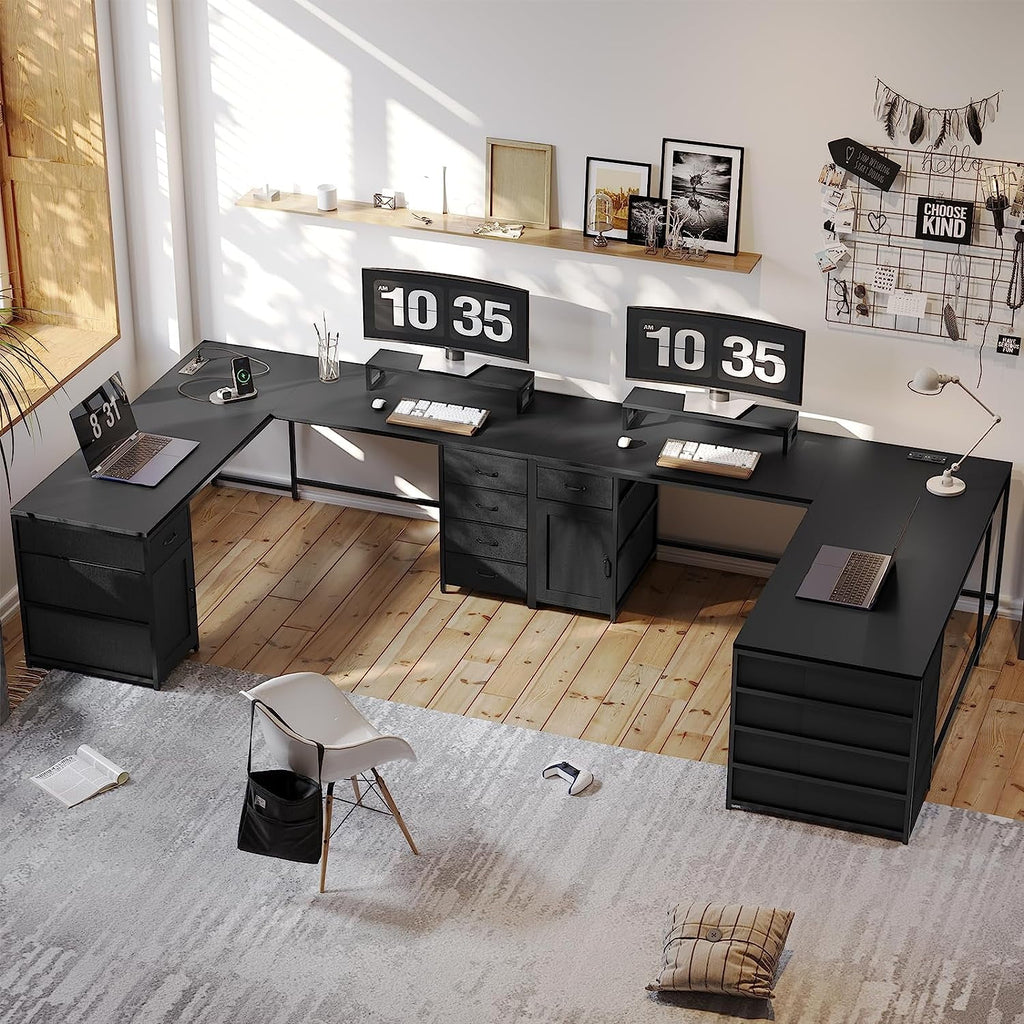Black L Shaped Computer Desk with Power Outlet, 5 Drawers C249