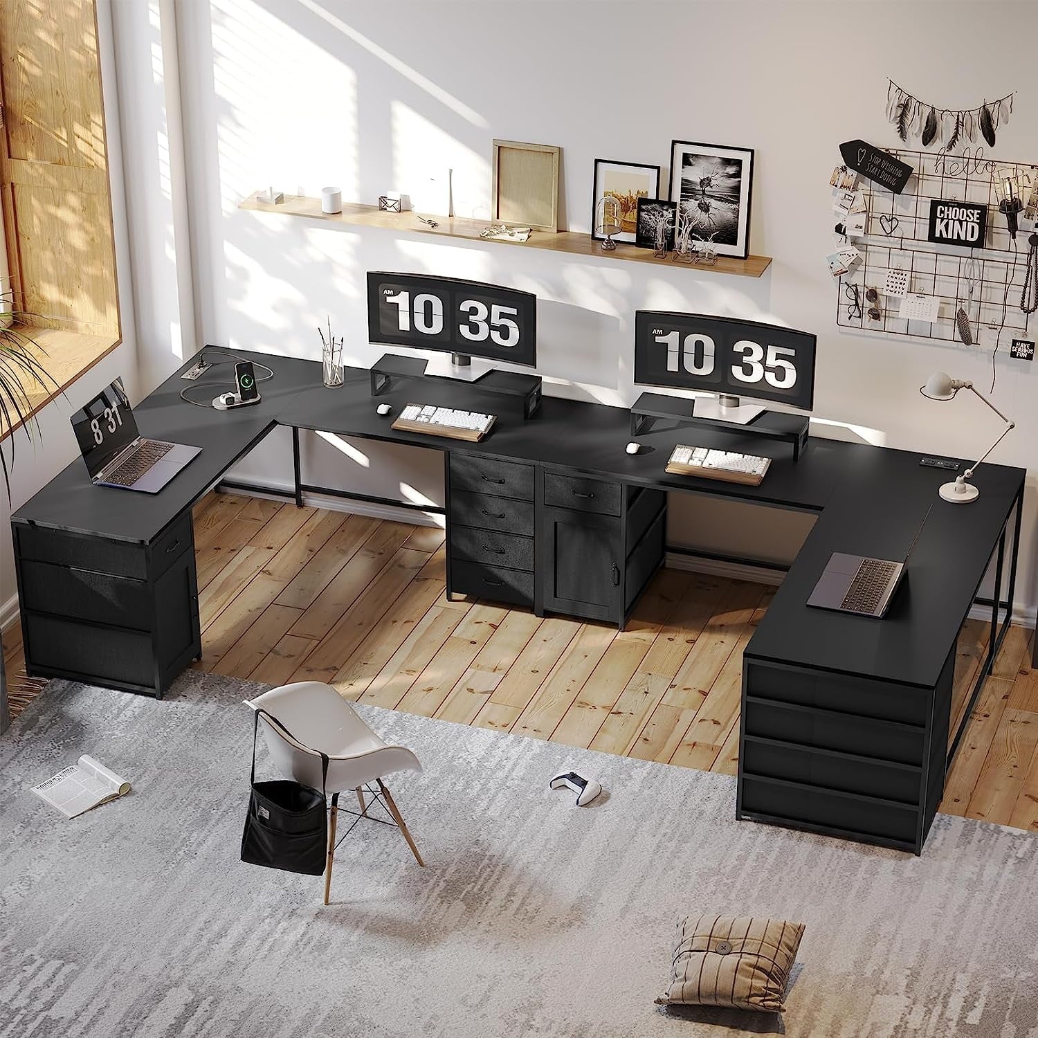 Black L Shaped Computer Desk with Power Outlet, 5 Drawers C249