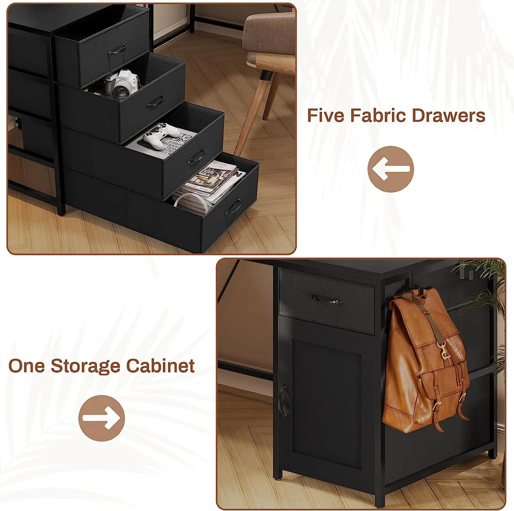 Black L Shaped Computer Desk with Power Outlet, 5 Drawers C249