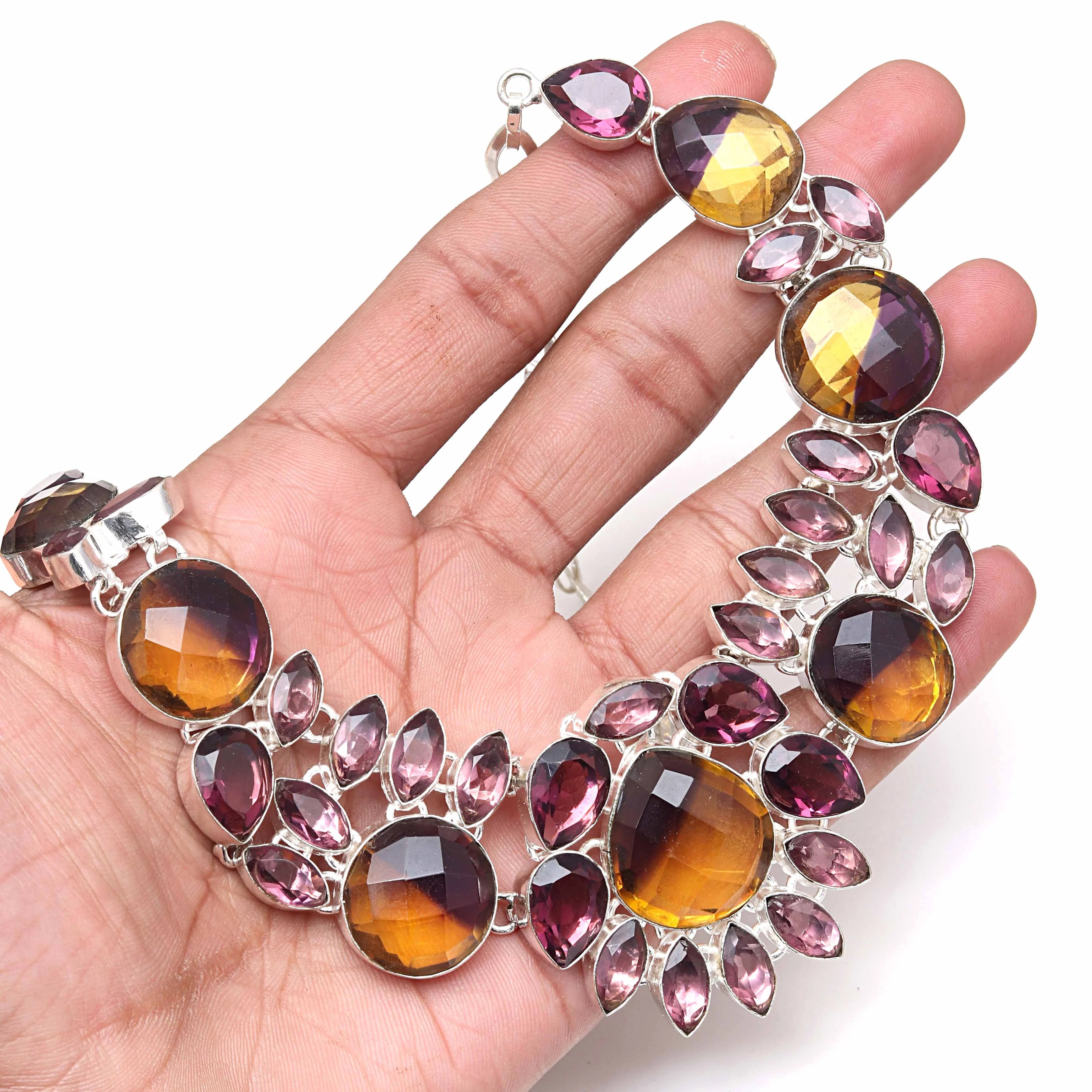 Ametrine Rubylite Faceted Gemstone Silver Necklace 18-20'' Z38248