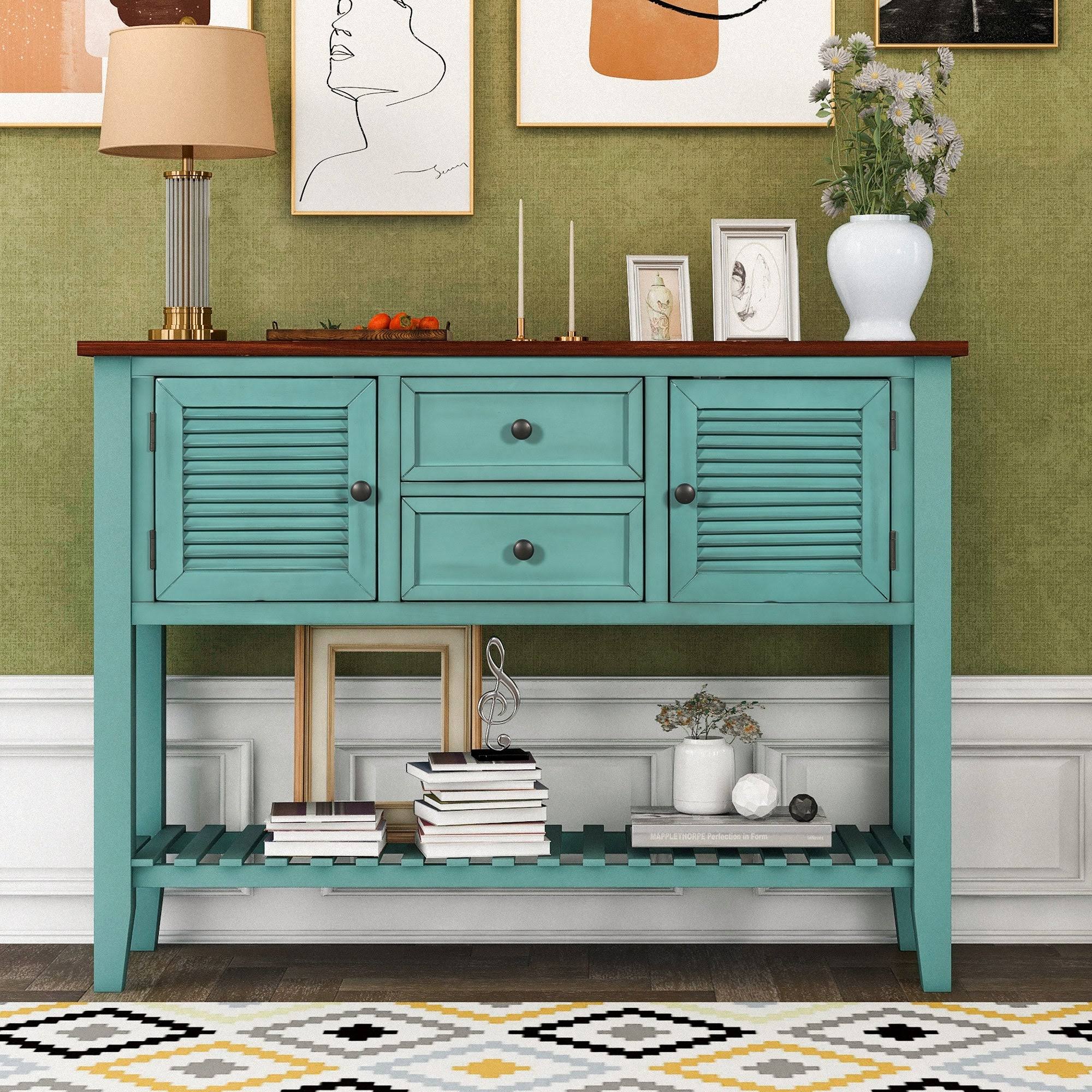 Blue Console Table with 2 Drawers and Bottom Shelf E514888