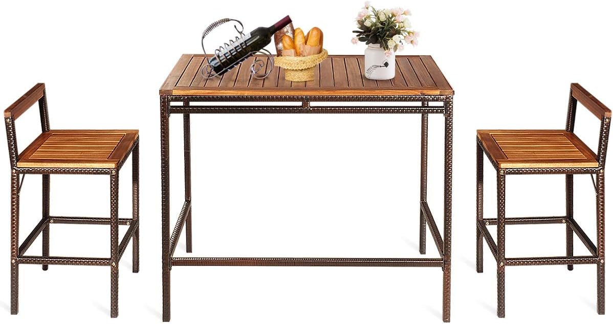 3 PCS Rattan Bar Table Set with Acacia Wood Top and 2 Bar Chairs E7961