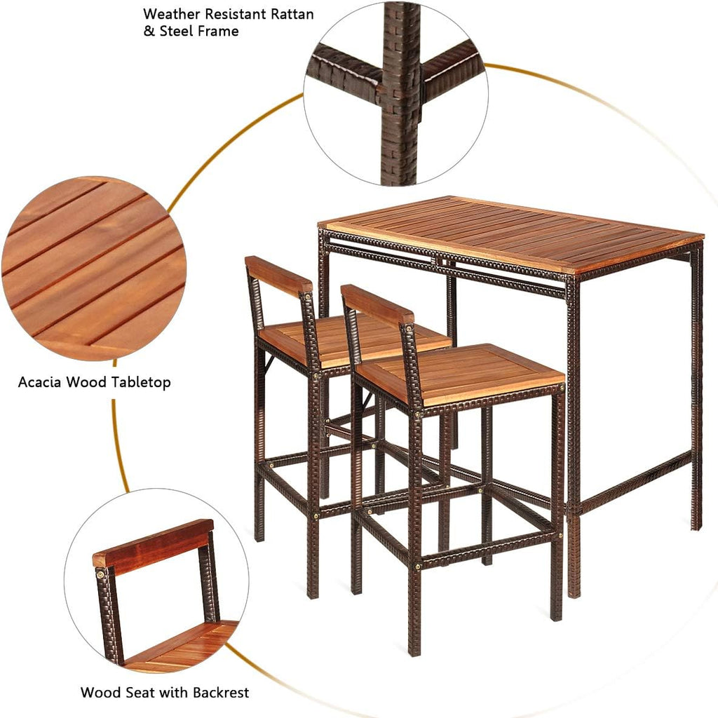 3 PCS Rattan Bar Table Set with Acacia Wood Top and 2 Bar Chairs E7961